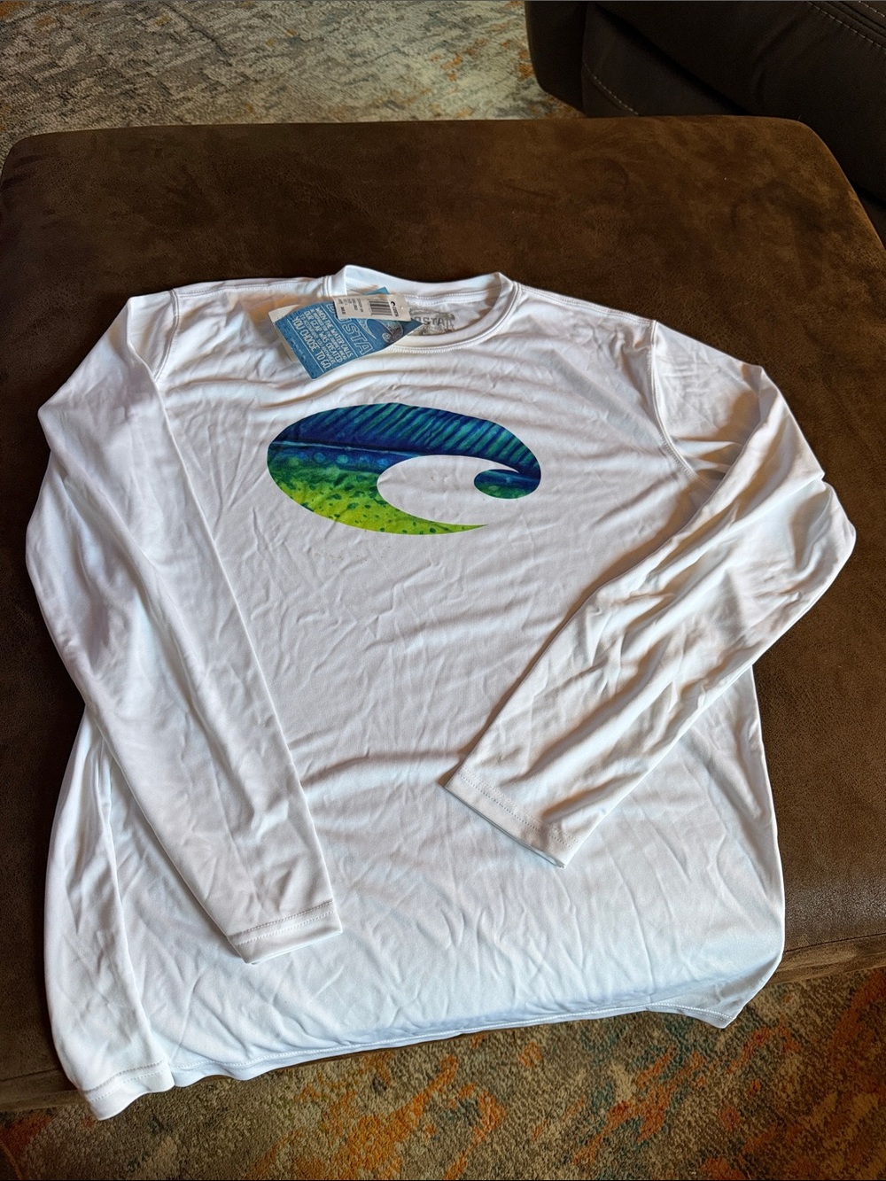 White Long-Sleeve UV protection Men's Shirt with Blue-Green Graphic